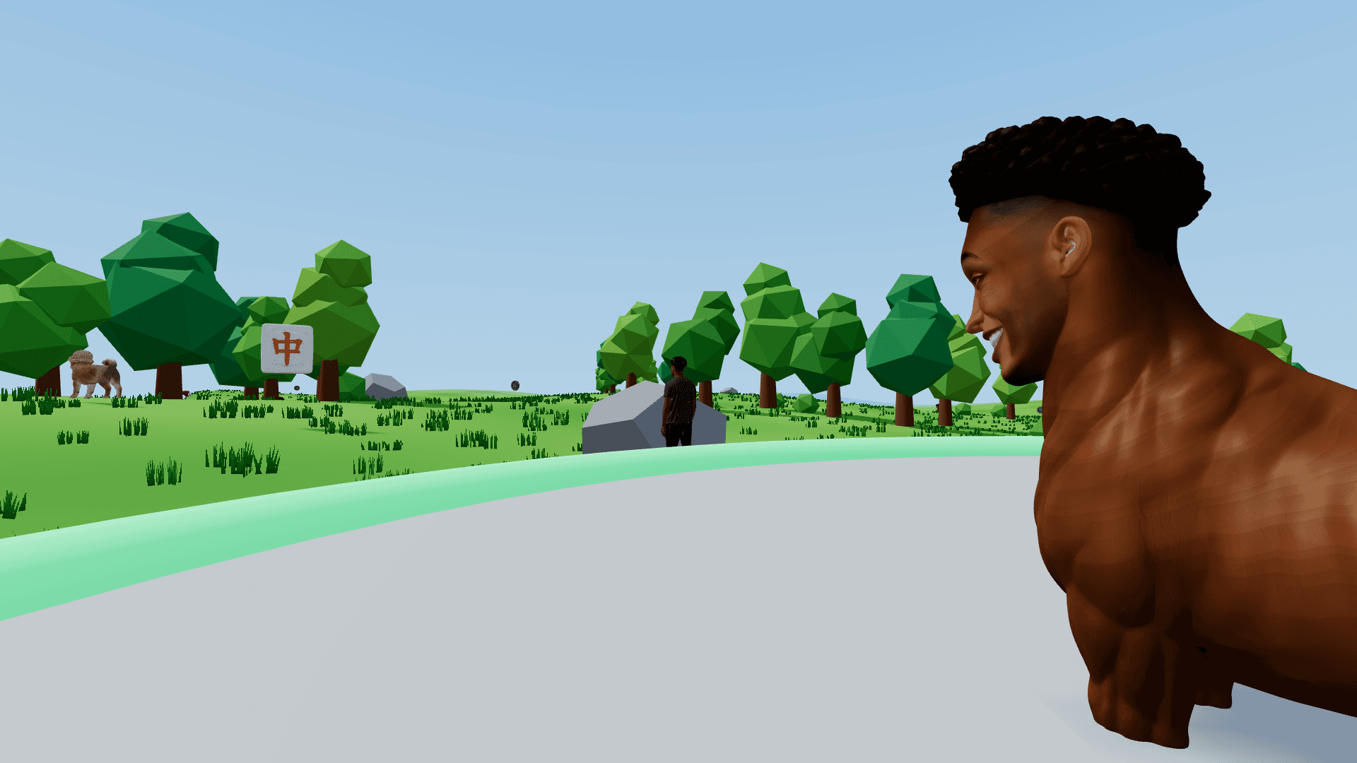 Wide view of the Ansem Life meadow with trees, river, and roaming players